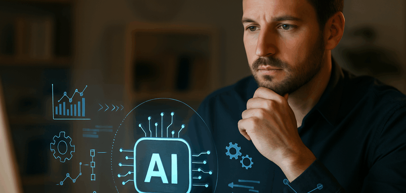 AI Workflow Automation in 2025: The Human + Machine Advantage A focused man in his 30s with short dark hair and beard sits in a softly-lit office, analyzing digital AI graphics projected in front of him.